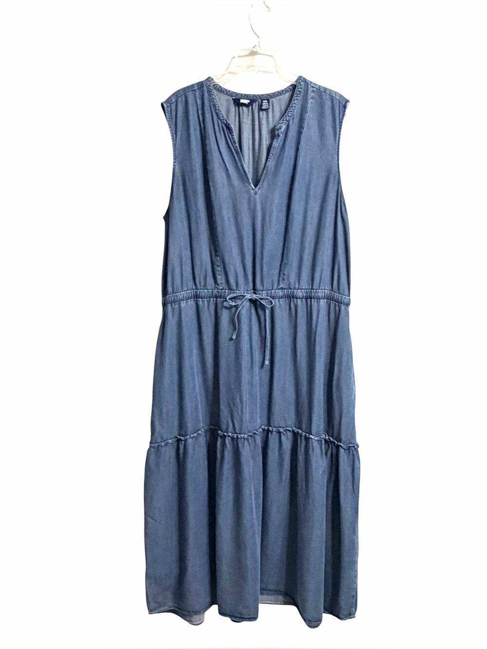 Lands' End Lyocell Tiered Prairie Midi Dress Womens XXL Blue Denim Boho Coastal